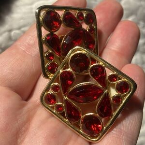 Gold Tone and Red Acrylic Clip Back Earrings